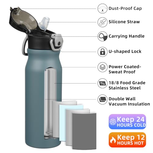 Image of BJPKPK 25 oz Insulated Water Bottle, Straw, Handle, Stainless Steel Flask | Leak Proof Locking Lid, Thermal, Double Wall Vacuum, Keeps Hot /Cold, BPA Free, Dishwasher Safe, Travel & Sports, Dark Grey