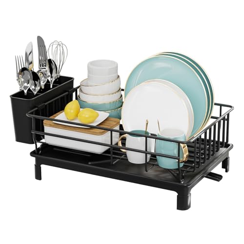 NEXROLA Escurreplatos Inoxidable 38 x 26 x 15 CM-Drenaje Automático 360°,con Soporte Extraíble para Cubiertos, Escurridor de Platos para sobre Fregadero — Encimera Seca y Ordenada, Negro