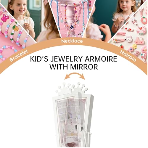 Garvee Kids Jewelry Cabinet with Full-Length Mirror, Freestand Mirror with Storage Drawers, Kids Vanity Dress Up Mirror with Jewelry Organizer, 46" Jewelry Armoire for Bithday/Christmas(White)