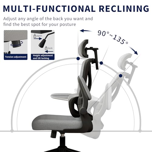 Apusen Ergonomic Office Chair - Desk Chair with Adjustable Headrest Lumbar Support Computer Chair - Mesh Comfy Chair with Flip-up Armrests - Gaming Chairs for Adults Home Office 330 LBS (Black+Gray) - image 4