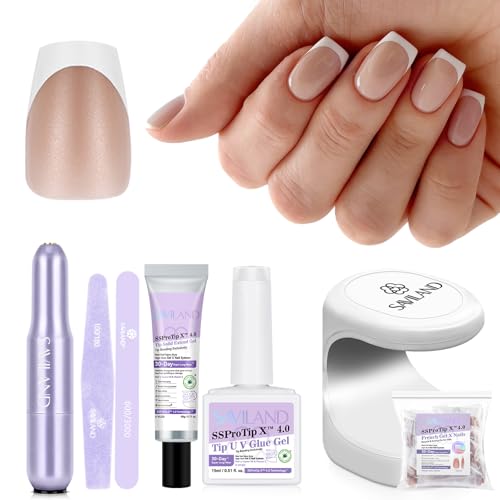 Image of SAVILAND Gel Nail X Kit: 30 Days Wear Nails Press Ons Brown Medium Coffin French Tip Press On Nails 256 Pcs Strong Nail Glue for Press Ons U V Light Electric Nail File Nail Art Tools for Beginners