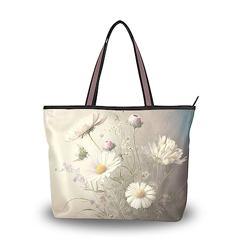 Vintage White Daisy Women Tote Bag, Zipper Shoulder Bag Reusable Grocery Bag Handbag-Large