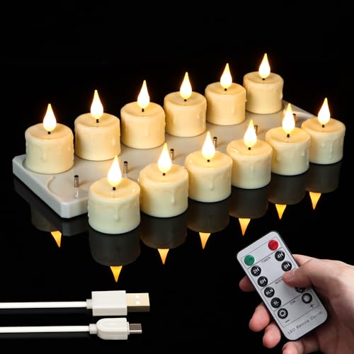 Image of 12pcs Rechargeable LED Tea Lights with Charging Base and USB Cable, Flameless Votive Candles Electric Flickering with Remote and Timer, Warm White Light
