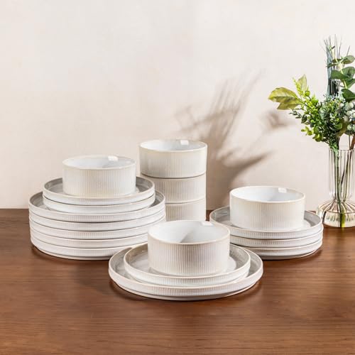 Image of GBHOME Stoneware Dinnerware Sets for 8,Round Reactive Glaze Ceramic Plates and Bowls Set,Highly Scratch Resistant| Dishwasher & Microwave Safe Dishes Set,Service for 8(24Pcs),Sugar White