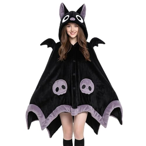 Cute Bat Blanket Hoodie Wearable Bat Blanket Adult for Halloween Cosplay Soft Hooded Bat Cape for Women Bat One Size