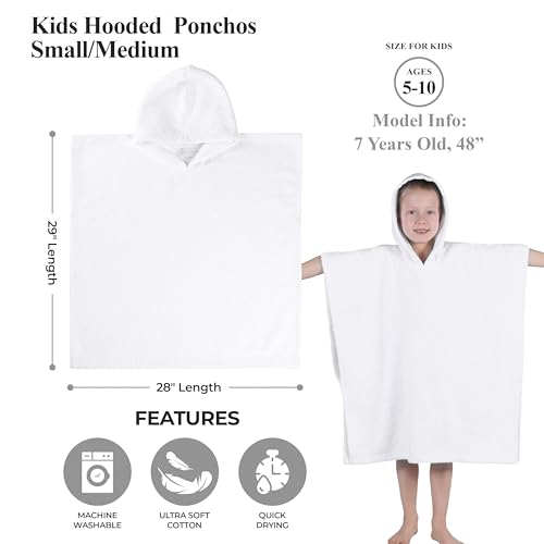 Image of Superior Kids Cotton Terry Poncho, Soft, Absorbent Bath Towel with Hood, Bathroom Accessories, Long, Plush Bathrobes for Bath, Shower, Spa, Resort, Hotel, Beach, Pool, Boy, Girl, Small /Medium, White