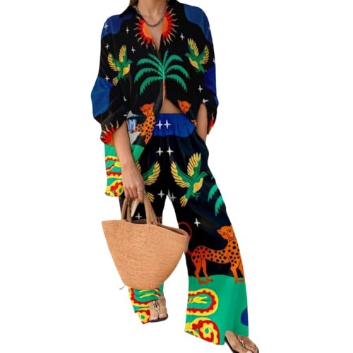 Women's Vacation Floral 2 Piece Sets Beach Button Down Long Sleeve Shirt Tops and Wide Leg Long Pants Casual Outfits