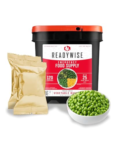 ReadyWise, 120 Raciones, Cubo De Verduras, Brócoli, Maíz Dulce, Judías Verdes, Guisantes, Liofilizado, Hasta 25 Años De Vida Útil, Alimentos De Emergencia