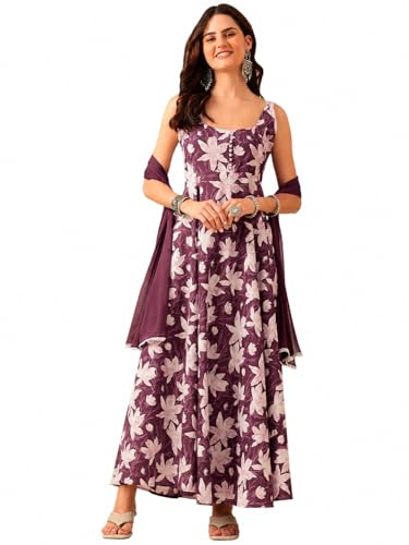 Image of Floral Anarkali Sleeveless Kurta with Dupatta, Maroon and White