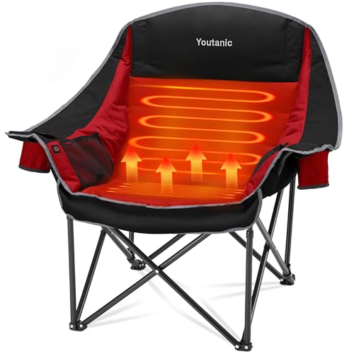 Heated Camping Chair, 3 Heat Levels Oversized Padded Lawn Chair with Side Pockets and Cup Holder, Outdoor Heating Folding Camp Chair for Adults, Fishing, Sports, Picnic, up to 500lbs, Style