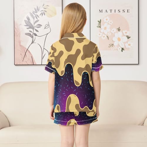 Satin Pajama Sets Short Sleeve Giraffe Print with Cosmic Button Down Silky Nightwear 2 Piece PJS 5-14Y4