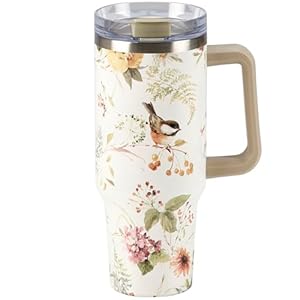 Primitives by Kathy Travel Mug - elegant watercolor design of Chicadees surrounded by Spring Flowers Primitives by Kathy Travel Mug elegant watercolor design of Chicadees surrounded by Spring Flowers