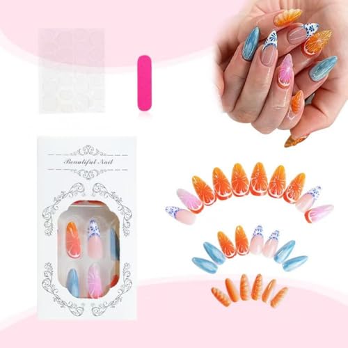 Image of Fruits Press on Nails 3D Orange Fake Nails Medium Almond False Nails with French Tip Design Ocean Glue on Nails Artificial Acrylic Nail Glossy Stick on Nails for Women Girls Manicure 24Pcs