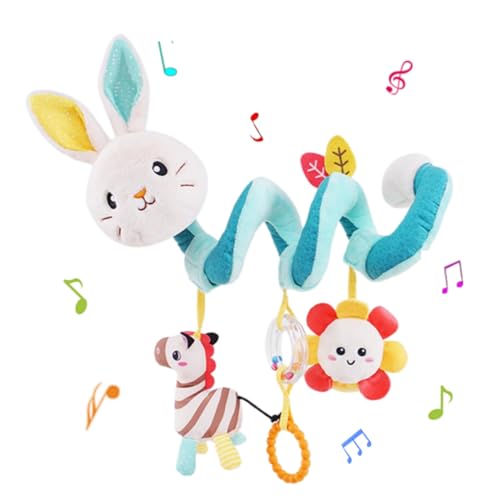 Juguete Espiral de Cuna,Espiral Actividades Juguetes de Peluche Música Incorporada Sonajero BB Dispositivo para Carrito Cochecito Cuna, Juguete para Cochecito de Bebé 0 a 36 Meses (Conejo - Blanco)