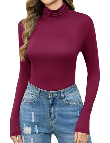 Irevial T-shirt de gola alta Pullover para mulher t-shirt térmica blusa térmica top mulher com elasticidade t-shirts base básica adequada para primavera outono e inverno, Vermelho vinho, M