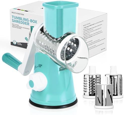 X Home Rotary Cheese Grater for Kitchen, Shredder with 3 Interchangeable Blades, Rotary Grater with Handle and Strong Suction Base, for Vegetables, Fruit, Nuts, Easy to Use and Clean, Blue