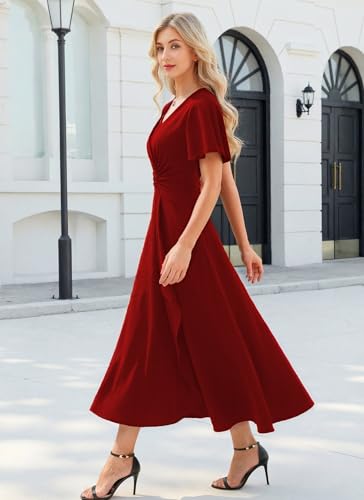 Image of QMZ Wedding Guest Dresses for Women V Neck Cocktail Dress Ruffle Sleeve A Line Evening Party Formal Dresses for Women