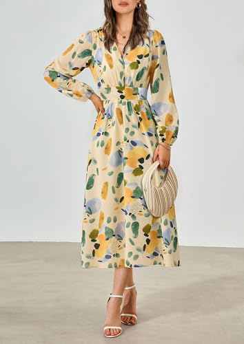 PRETTYGARDEN Women's Floral Midi Dress Casual Fall V Neck Long Sleeve Flowy Spring Beach Wedding Guest Vacation Dresses