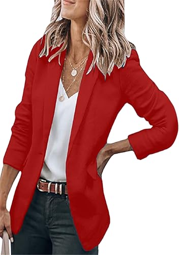 EFOFEI Damen Büroarbeits Blazer Jacke Einfache Elegante Oberbekleidung Schmal Geschnittener Langarm Blazer Rot L