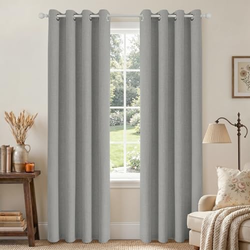 Image of Joydeco 84 Inch Light Grey Blackout Curtains for Living Room, 100% Blackout Curtains for Bedroom, Linen Room Darkening Burlap Grommet Textured Drapes (42x84 inch, Light Grey)