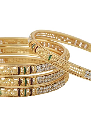 Jewarhaat Indian Gold Bangles 4 Piece Two Tone Gold Plated Handmade Work Fashion Jewelry For Women & Girls (Golden With Stones, 2.10) #TOP7