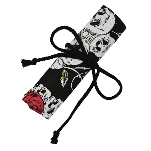 Image of Rose Pattern Colored Canvas Pencil Wrap Pencil Case Roll Up Holders Skull Pencil Organizers for Artist Adult Coloring Sketching Travel Storage With 72 Slots (Skull Rose)