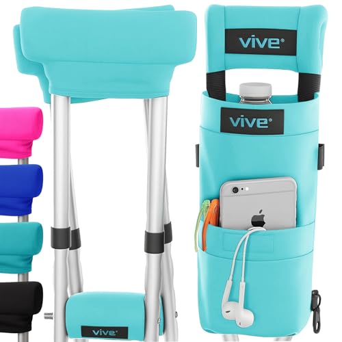 Vive Premium Crutch Pads Bag & Hand Grips (5 PCS) - Crutches for Adults Armpit Padding Hand Grips Accessories Pouch - Soft Tips Medical Padded Handles for Kids Men Women - Lightweight (Teal)