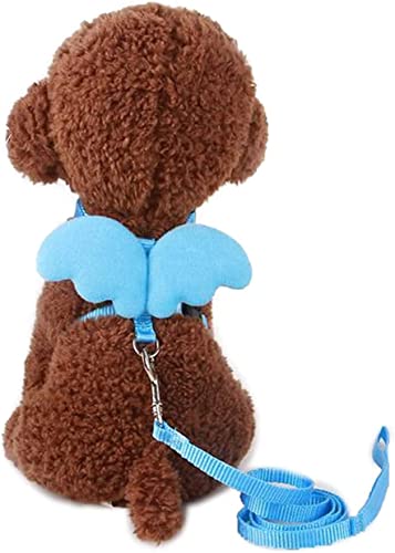 小型の犬猫ハーネスリードかわいい天使の羽根胴輪首輪ペットお出かけ散歩グッズ簡単脱着式(S,Blue)