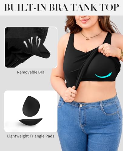 V FOR CITY Women Plus Size Tank Tops with Built-in Padded Bra Adjustable Strap V-Neck Camisole Cotton Cami Shirts 1X-4X2