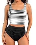Tempt Me Women Two Piece Tankini Swimsuits - Crop Swim Top with High Waisted Bottom Tummy Control Bathing Suits Swimwear Black and White Striped L