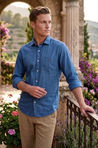 Image of Louis Philippe Men's Linen Blend Solid Shirt with Soft Handfeel & Naturally Antibacterial Finish - Holiday Wear