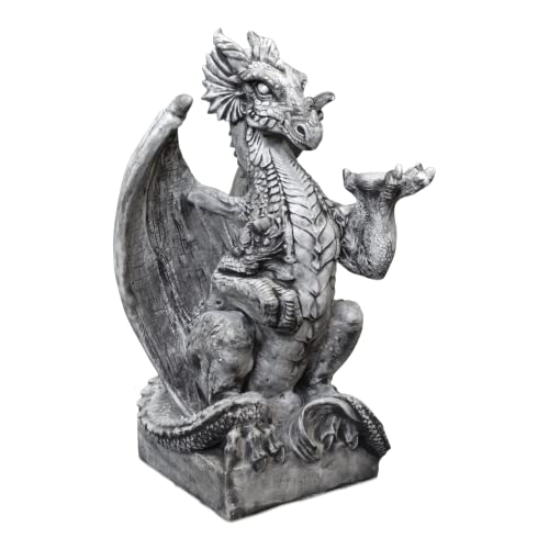 gartendekoparadies.de Drache auf Sockel, Steinfigur, H. 79 cm, 75 kg, Grau, frostsicher aus Steinguss für Außenbereich