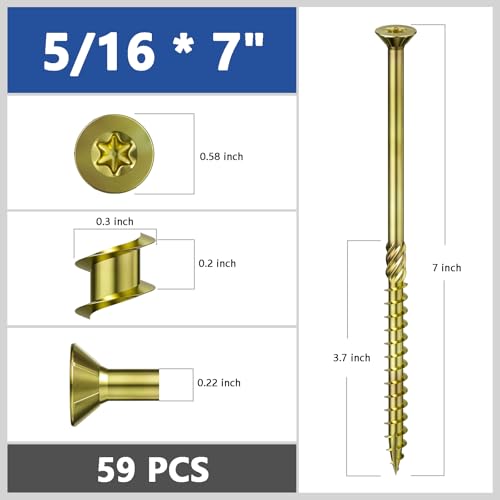 Image of Wensilon 5 /16 * 7 inch Yellow Zinc Deck Screws, (59pcs) 5 lbs.Exterior Wood Screws, Bronze, Star Bit
