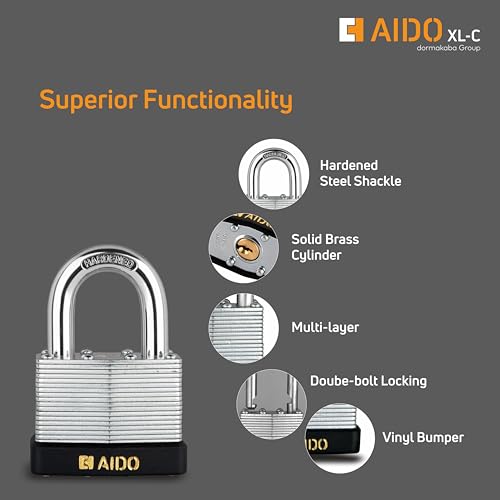 Image of AIDO 50mm Laminated Steel Padlock | Heavy Duty Waterproof Lock for Gates, Doors, Shutters, Shops, Homes, Trunks by dormakaba Group | 4 Keys | Hardened Shackle | Rust & Impact Resistant | 2 Yr Warranty