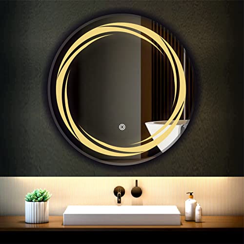 Image of LED Mirror Glass Bathroom Wall - Decorative Led Mirror with Touch Sensor Lights Cabinet Vanity Wall Design Darpan Full Length for Home (21x21 Inch Round DH9)