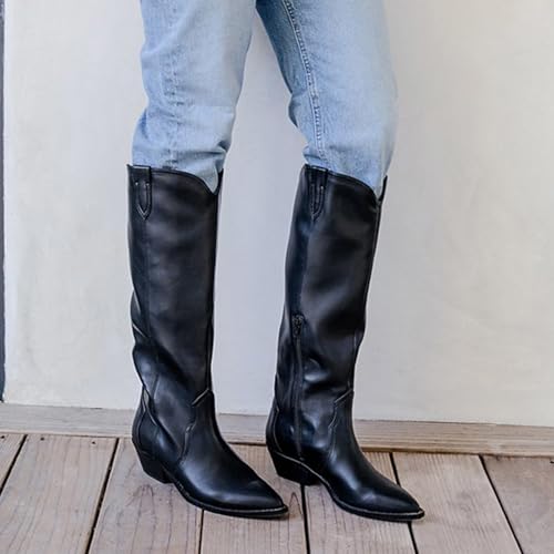 Cowboy Boots for Women Mid Calf Wide Calf Cowgirl Boot Pull on Pointed Toe Chunky Block Heel Fashion Vintage Shoes2