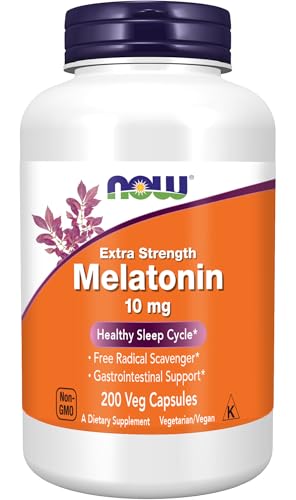 NOW Foods Supplements Melatonin Extra Strength 10 mg Free Radical Scavenger* Healthy Sleep Cycle* 200 Veg Capsules