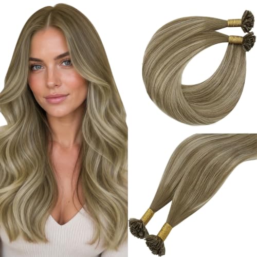 Image of Easyouth 20 Inch Brown U Tip Hair Extensions Ombre, Utip Hair Extensions Human Hair Balayage, 50G 50S, Medium Brown Fading to Platinum Blonde Mix Brown, Ktip Hair Extension, for Various Occasions