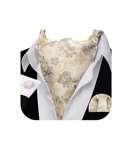 Image of Barry.Wang Ascot Ties Cravat Tie Men Paisley Plaid Scarf Self Tie Pocket Square Cufflinks Set Wedding Party