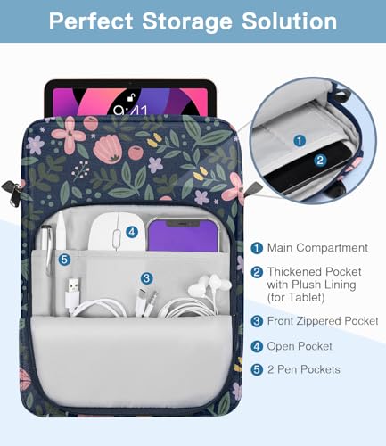 Image of MoKo 9-11 Inch Tablet Sleeve Bag Handle Carrying Case with Shoulder Strap Fits New 11-inch iPad Pro M5 /iPadAir M3, i-Pad 10th 10.9, iPad 9 /8 /7 10.2, i-Pad Air 5 /4th 10.9, Tab S8 /S9 11, Floral Indigo