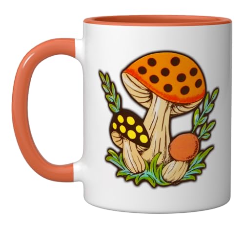 Vintage Merry Mushrooms, 70s Retro Kitchen Ceramic Mug, Orange/White