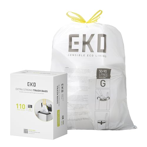 Image of EKO 21 Gallon / 50-90 Liter,110 CountDrawstring Trash Bags, Extra-Strong Unscented Garbage Bags, Easy-Dispense Roll for Kitchen & Household Use, Resists Tears, Leaks and Punctures, Code G, White