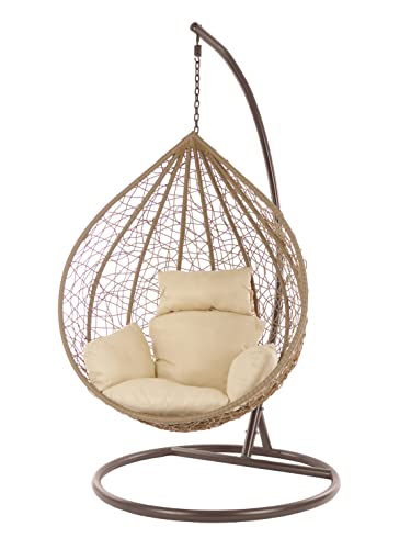 KIDEO Komplettset: XXL Hängesessel mit Gestell & Kissen, großer Korbsessel, Poly-Rattan, naturfarben, Classic chic (Hazelnut/braun/beige)