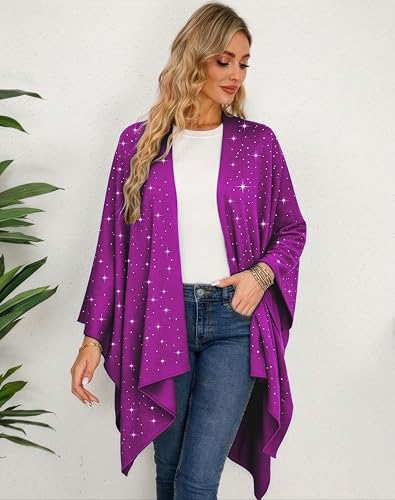 Image of Womens Rhinestones Open Front Poncho Shawl Wrap Cape Ruana Travel Blanket Cardigan