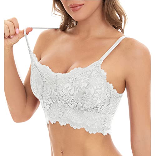 HAOLEI Women Lace Bralette Camisole Bras V Neck Padded Bralette Seamless Bandeau Sleeping Bra Tube Crop Vest Top Sexy Backless Corset with Straps and Removable Pads for Ladies Girls White