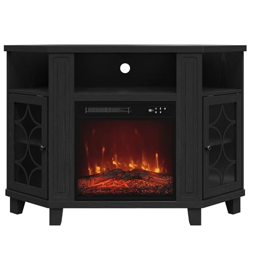 FansaFurn Corner TV Stands with 18'' Fireplace, Media Console Table with Adjustable Shelves & Acrylic Doors, Entertainment Center for TVs up to 55'', Corner Cabinet for Living Room, Bedroom, Black