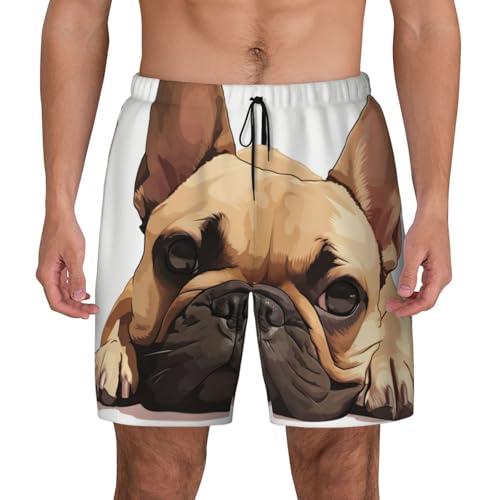 Animal Dog French Bulldog Mens Double Polyester Swimsuit Trunks Swim Shorts with Compression Liner and Patch Pocket.
