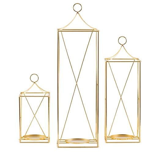 Set Of 3 Tall Metal Lanterns 24’’ & 19’’ & 13’’ Elegant Decorative Lantern With Pillar Candle Holder, Garden Porch Night Indoor/Outdoor For Wedding Decor, Party, Christmas (Gold) #TOP2