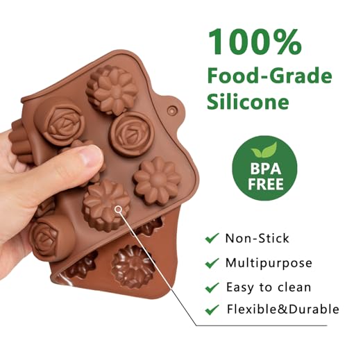 6 Pack Flower Shape Chocolate Candy Molds Silicone, Food-Grade Non-Stick Jello Mold, Crayon Mold, Silicone Baking Mold, BPA Free, including Flower, Heart, Tulip, Rose