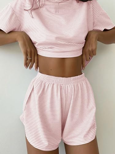 Image of OYOANGLE 2 Pack Pajama for Woman Set Summer Cute PJ Sets Striped Short Sleeve Tshirt and Split Shorts Lounge Set
